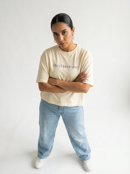 Feminist Streetwear Graphic Tee - "She/Hurricane" Heavyweight Boxy Shirt