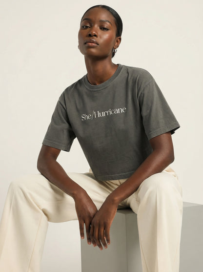 Feminist Streetwear Graphic Tee - "She/Hurricane" Heavyweight Boxy Shirt
