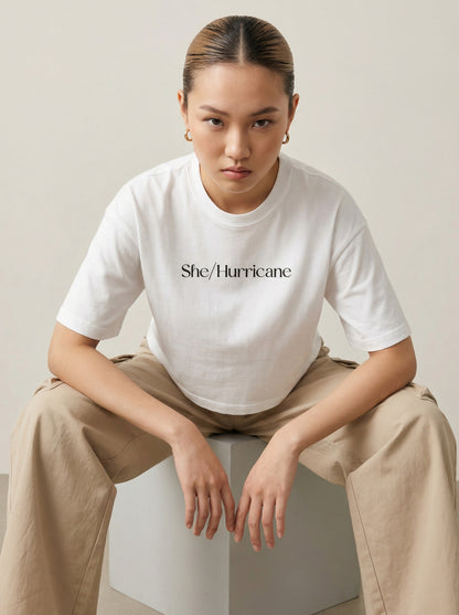 Feminist Streetwear Graphic Tee - "She/Hurricane" Heavyweight Boxy Shirt